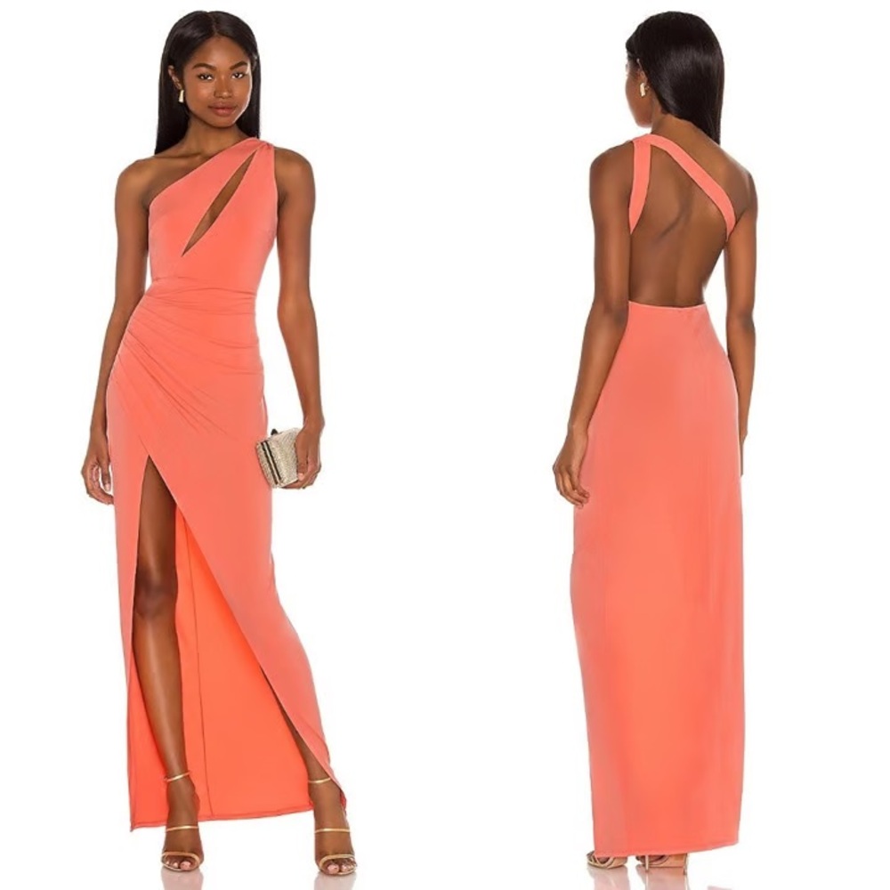 Michael Costello by Revolve peach cutout floor length gown